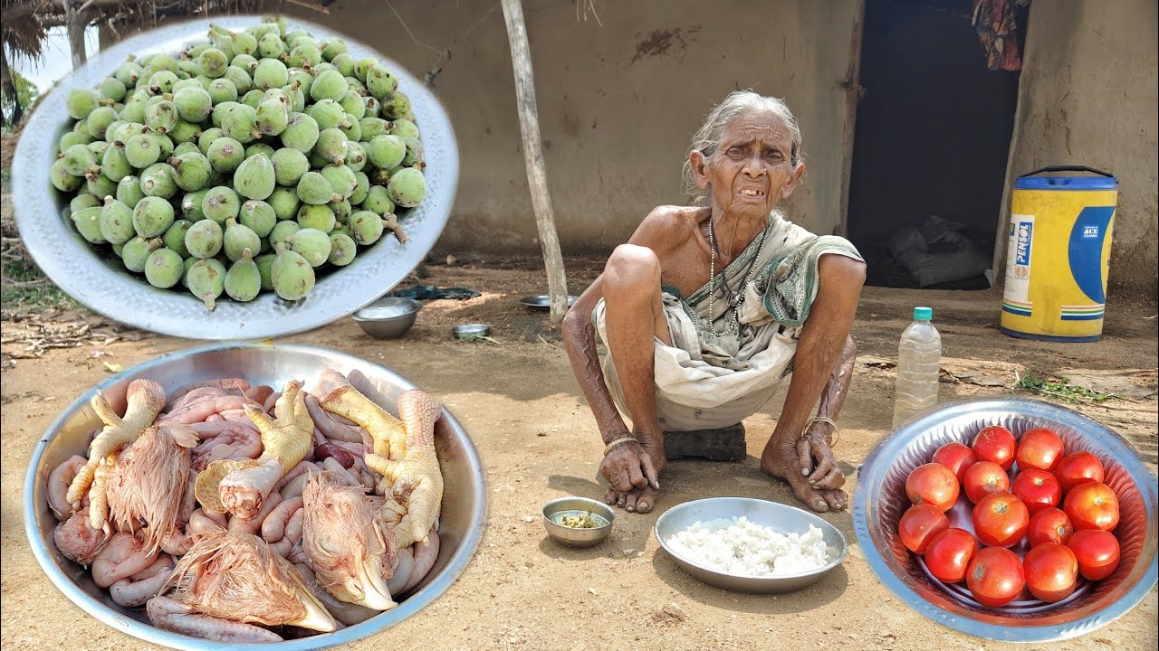 Poor old widow Grandma cooking CHICKEN SPART PART with Dumur & tomato recipe & eating||village food