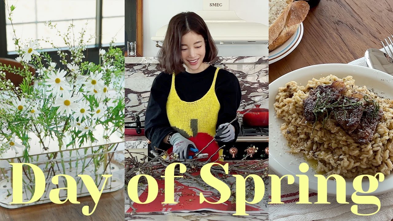 [ENG] 봄꽃 맛집, 여긴가 봄🌼 | 기은세의 설유화, 산당화, 벚꽃나무 스타일링&버섯 리조또 쿠킹 | Arranging Spring flowers&Mushroom Risotto