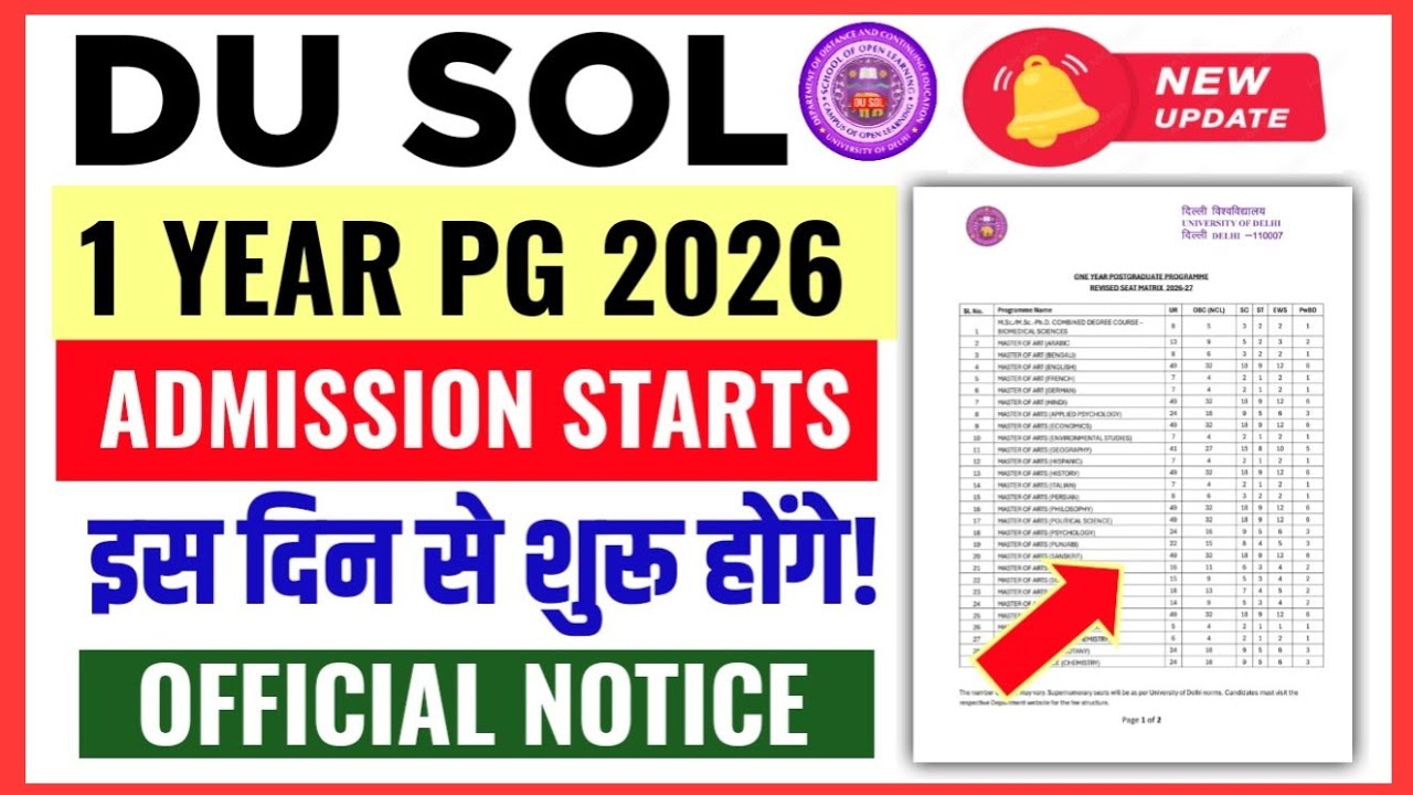 DU SOL 1 Year PG Admission 2026 Registration Starts: Official Notice | SOL 1 Year PG Admission 2026