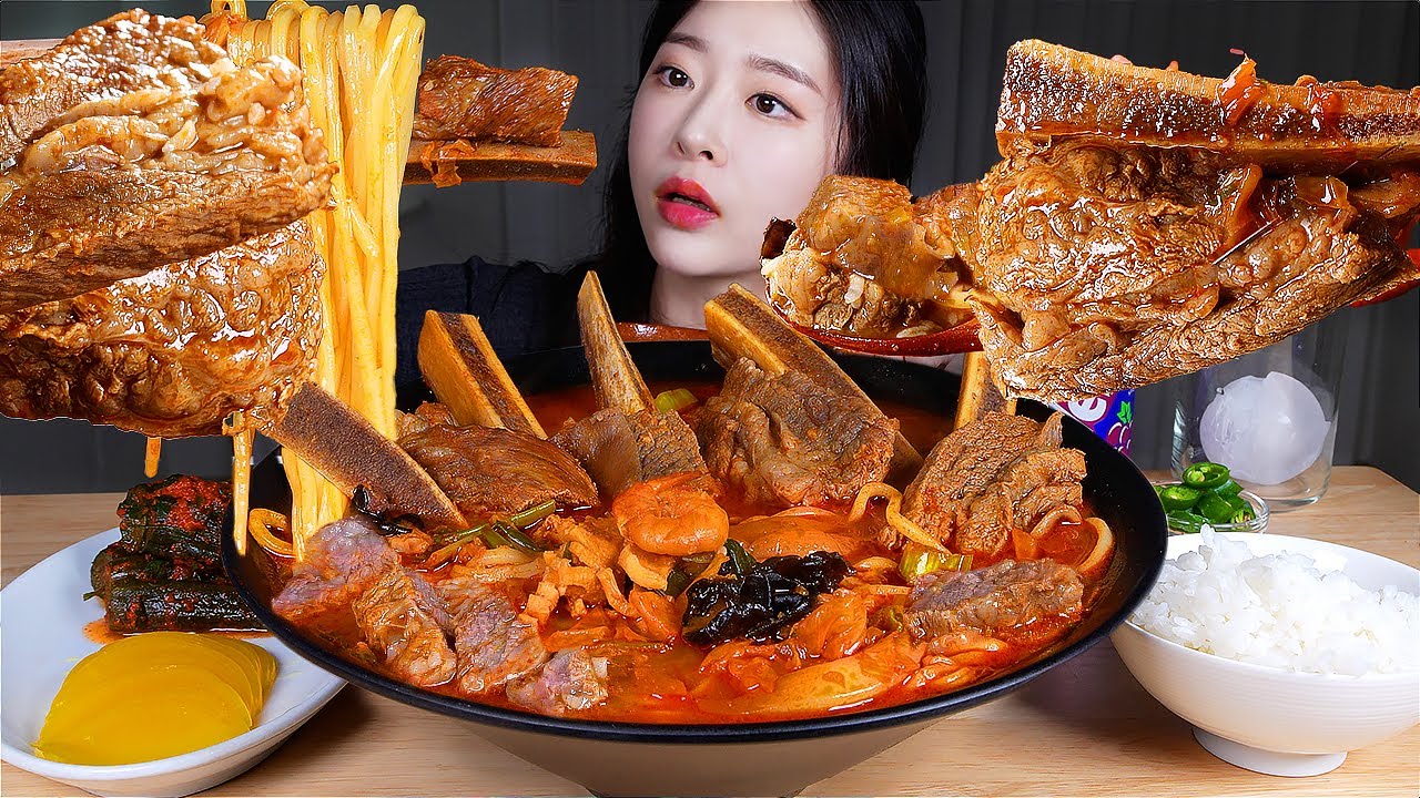 ASMR MUKBANG | Говяжьи ребрышки и острый суп с лапшой из морепродуктов (джамппонг), отварной рис