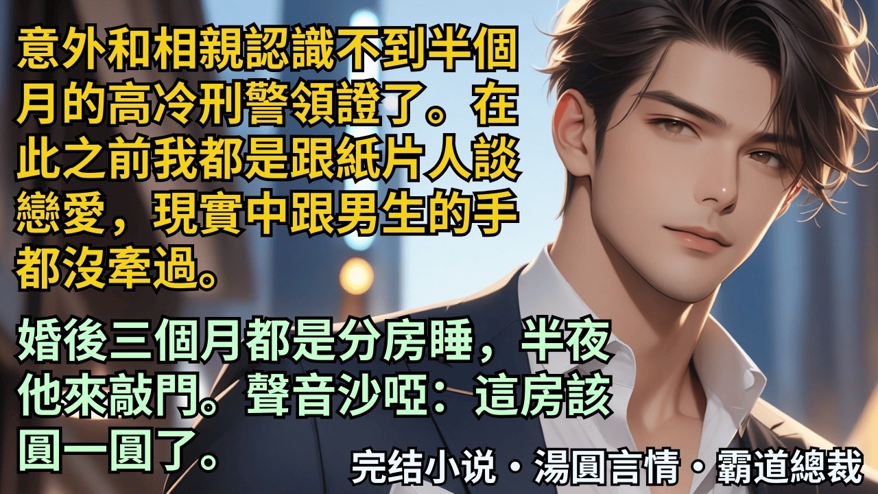 【完結小說】意外和相親認識不到半個月的高冷刑警領證了。在此之前我都是跟紙片人談戀愛。婚後三個月都是分房睡，半夜他來敲門。聲音沙啞：這房該圓一圓了。#小說 #爽文 #甜文 #霸道總裁