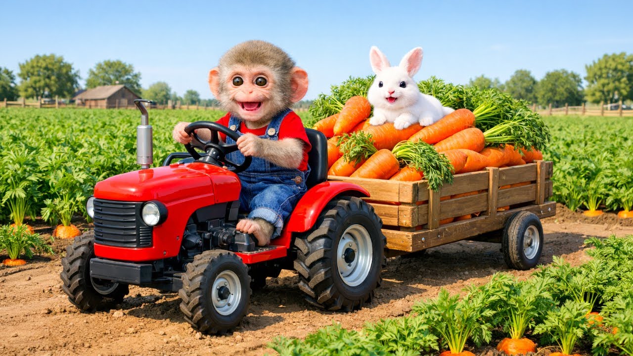 Monkey Farmer Drives a Tractor to Harvest Carrots with a White Rabbit! | Monkey farm Work