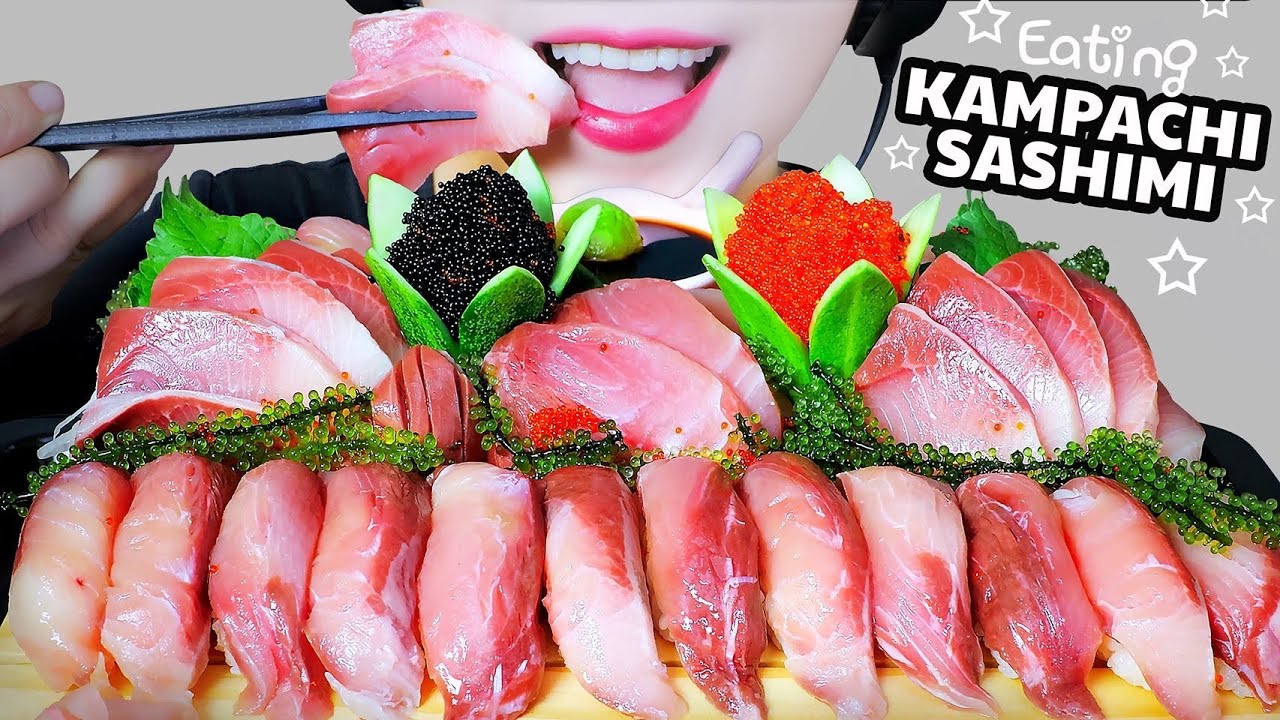 ASMR EATING KAMPACHI SASHIMI X SUSHI PLATTER ( RAW YELLOW TAIL FISH  EATING SOUND ) | LINH-ASMR