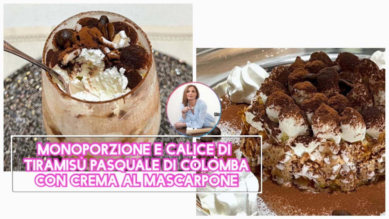Monoporzione e calice di tiramisù pasquale di colomba con crema al mascarpone