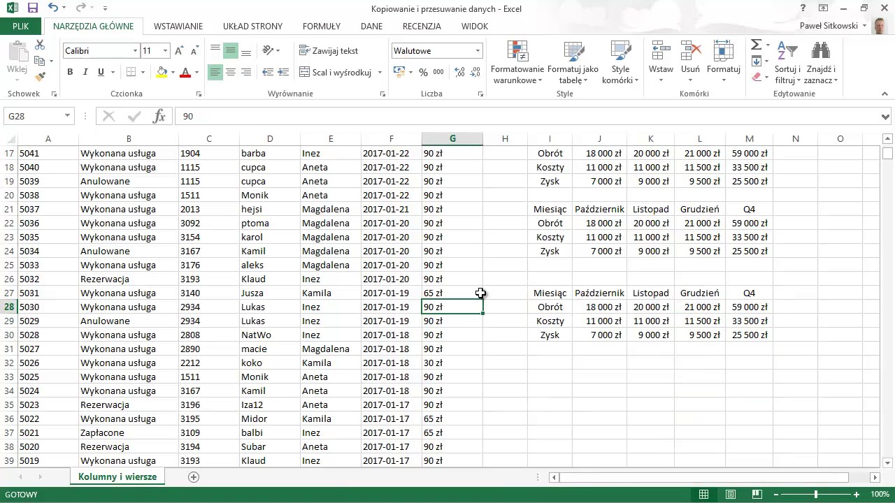 Kopiowanie i przesuwanie danych - Kurs Excel od podstaw