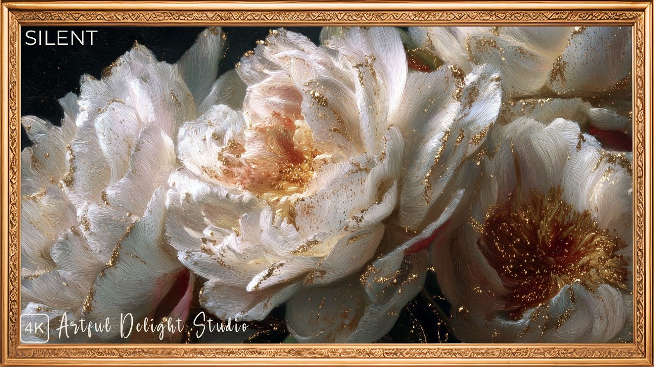 Peonies White and Gold | Frame TV Art 4K | TV Screensaver | Gold Frame | SILENT