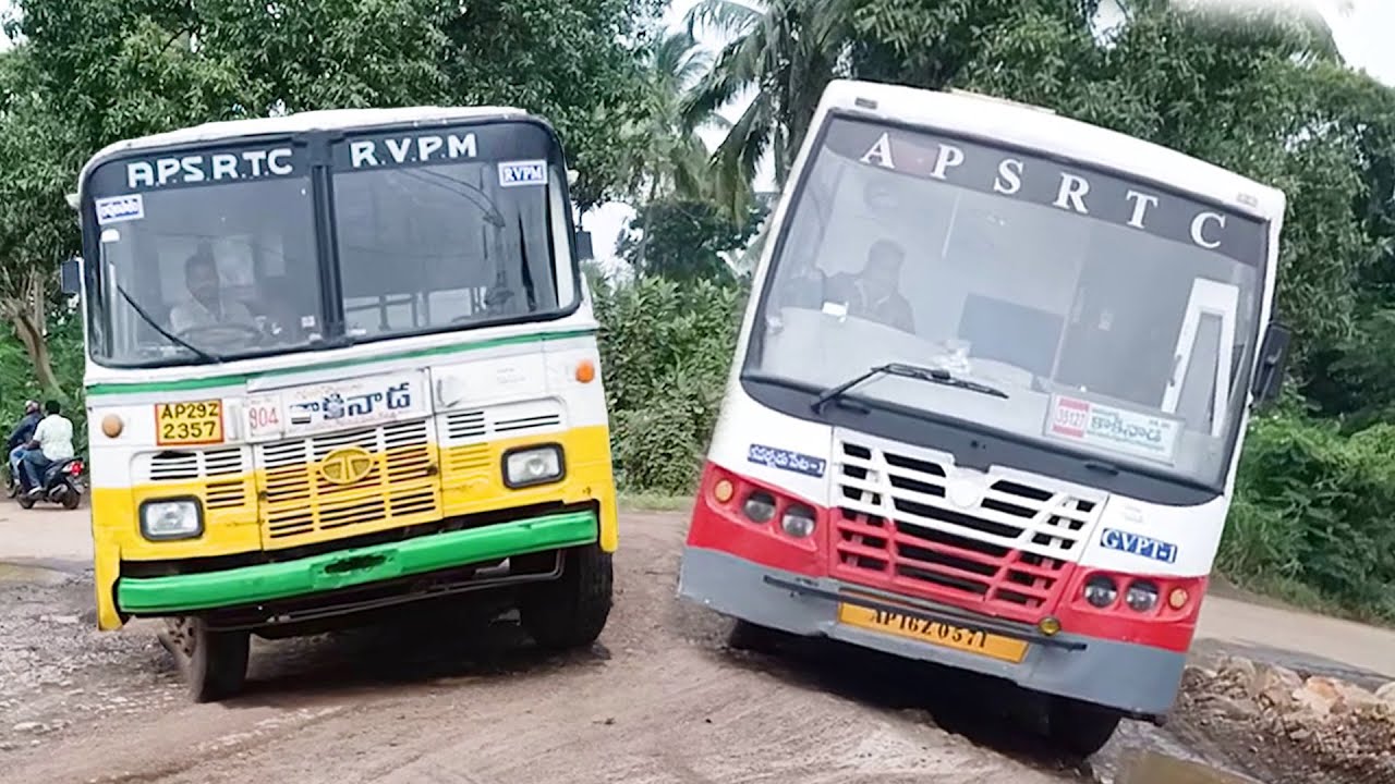 Struggling Bus Video | Indra AC & Pallevelugu RTC Buses are Driving in Pit Mud Roads in Village