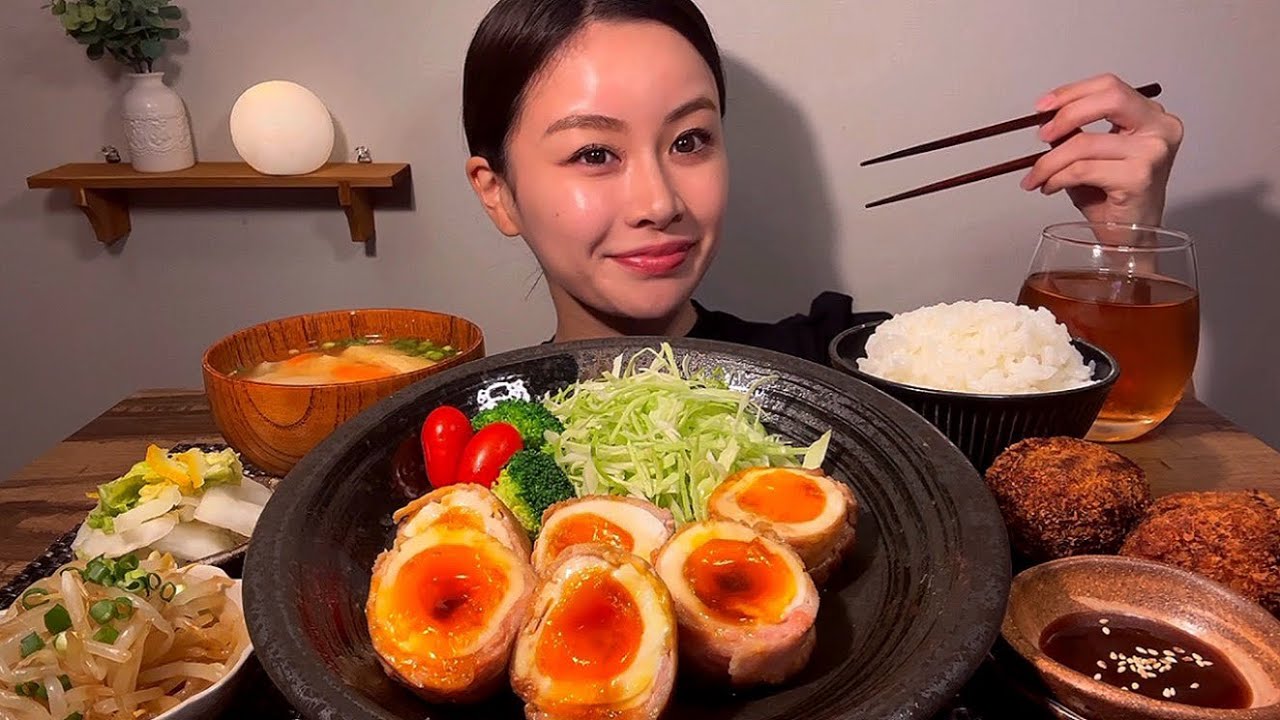 【ASMR】肉巻きたまご定食/Meat wrapped egg[EatingSounds モッパン 咀嚼音 먹방]