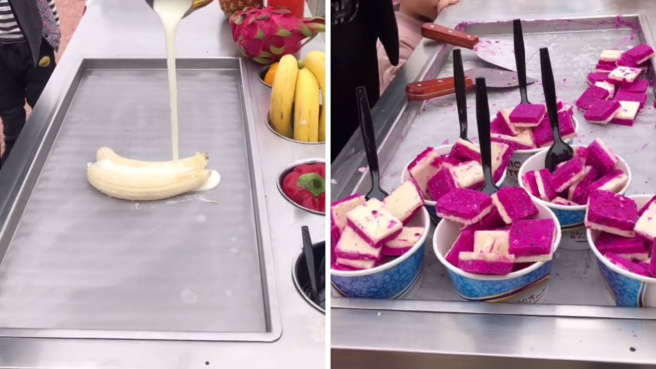 Banana and Dragon Fruit Ice Cream Rolls | Homemade Ice Cream | Street Food | Yummy Desserts