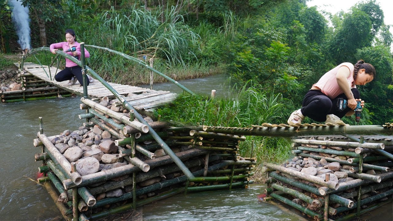 TIMELAPSE - Young girl builds a bridge across the flood in 7 days - Build bridge to off-grid island