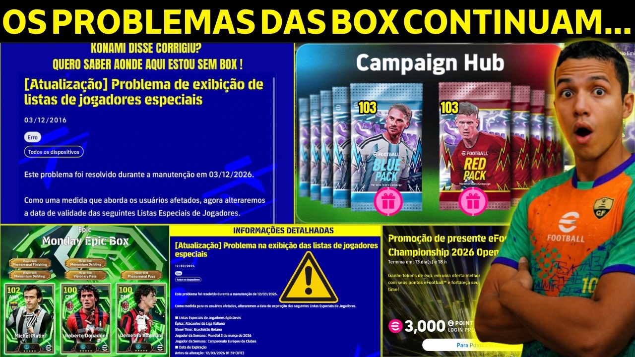 🚨 O PROBLEMA DAS BOX CONTINUA! UPDATE CHEGANDO? BOX DE DOMINGO + NOVIDADES | eFootball 2026