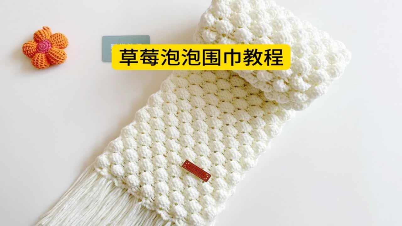 草莓泡泡围巾教程，手工棒针编织围巾新手织围巾视频教程，织围巾挂流苏