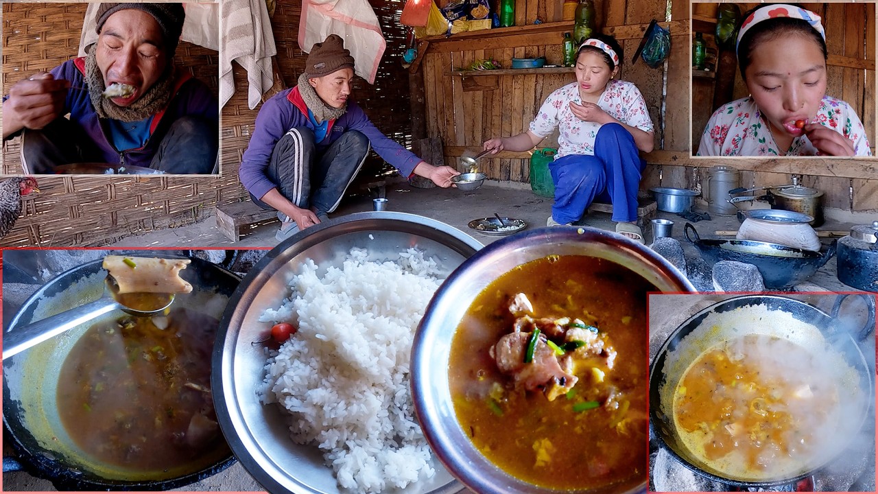 manjita cooks pork bones soup curry rice for her husband somuhang rai || Himalayan food ||