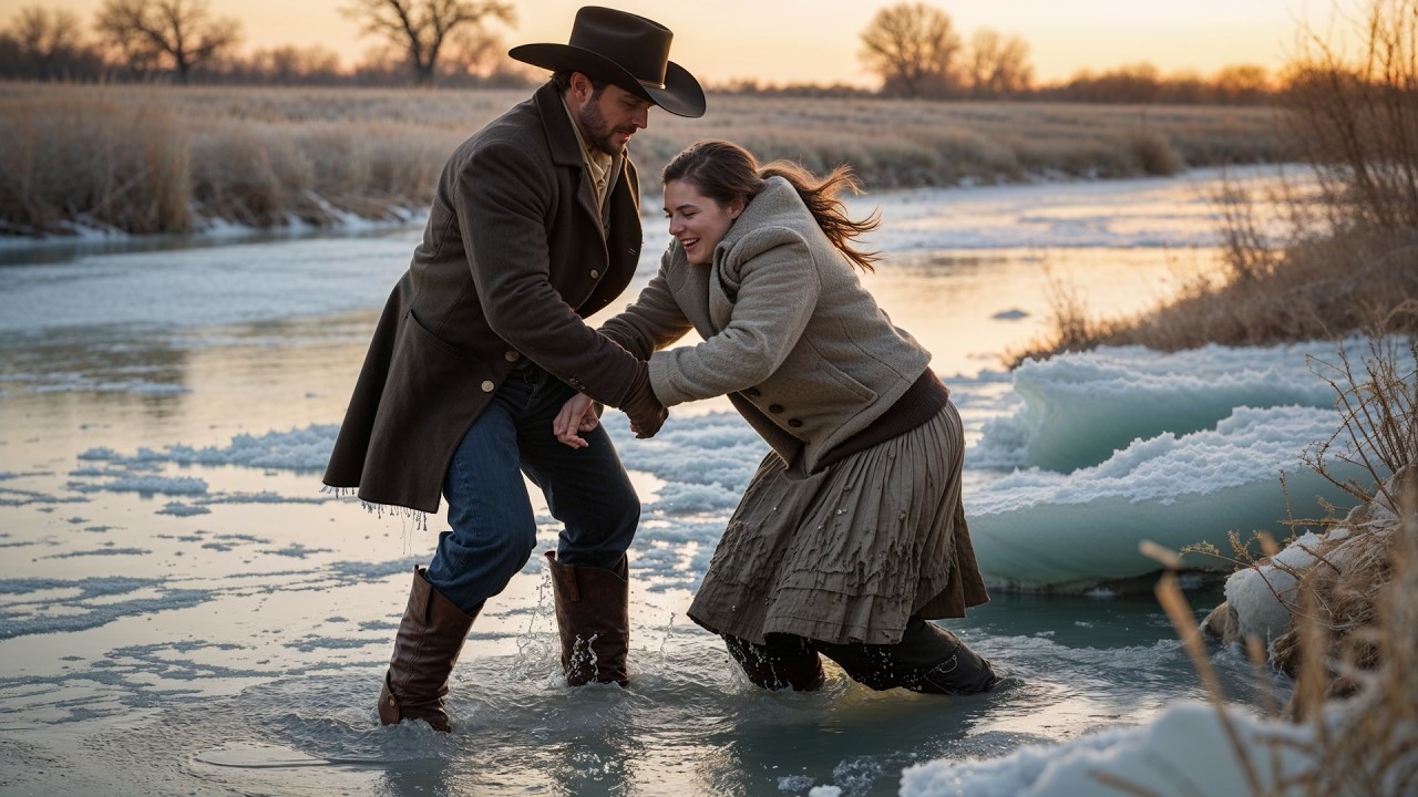She Was Crossing Frozen River And Fell Through, A Cowboy Grabbed Her Before The Current Took Her
