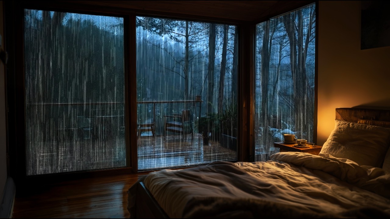 Сильный дождь на угловом окне 🌧️ Уютная атмосфера спальни для глубокого сна, учебы и концентрации.
