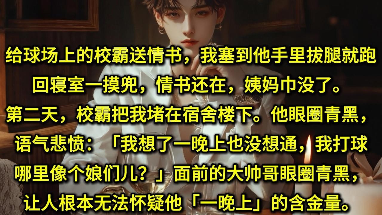 给球场上的校霸送情书，我塞到他手里拔腿就跑。回寝室一摸兜，情书还在，姨妈巾没了。第二天，校霸把我堵在宿舍楼下。他眼圈青黑，语气悲愤。「我想了一晚上也没想通，我打球哪里像个娘们儿？」面前的大帅哥眼圈青黑