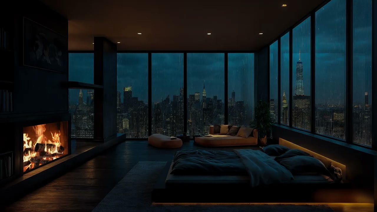Rainy City at Night Through the Window with Fireplace Warmth – Cozy Indoor Sounds for Deep Sleep