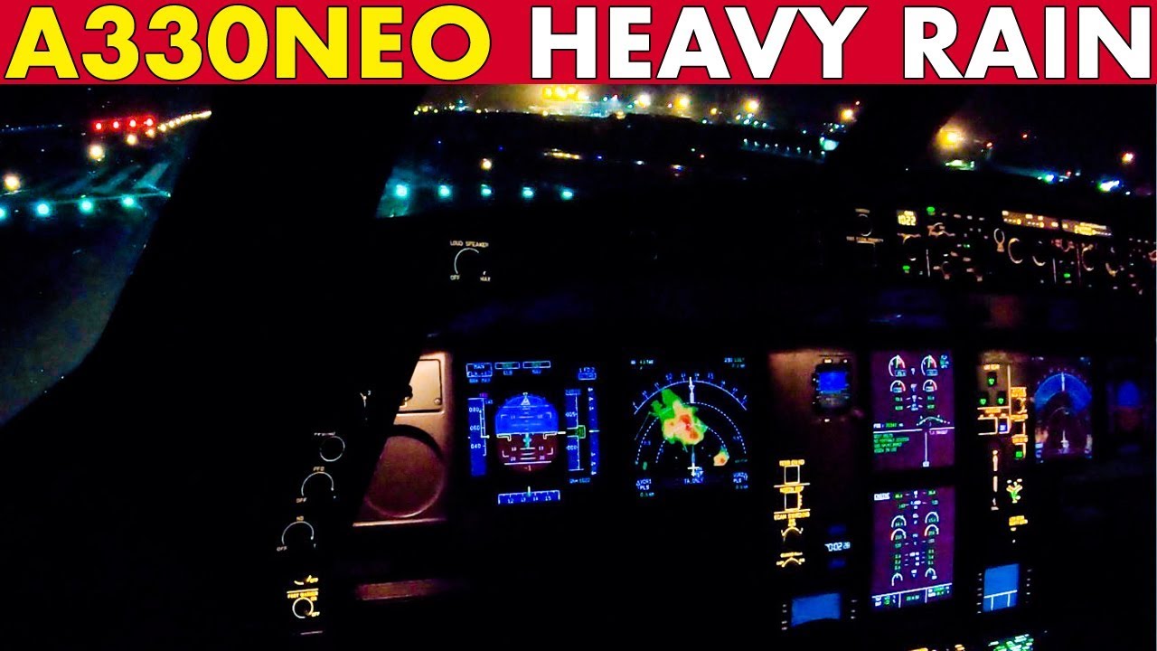 Cockpit AIRBUS A330NEO Takeoff in Heavy Rain