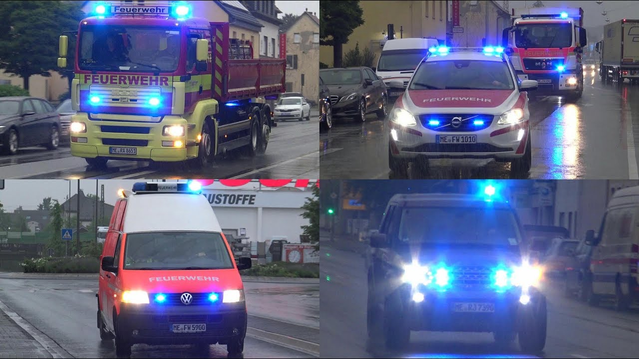 [Bach überflutet Wohngebiet] Einsatzfahrten Feuerwehren Ratingen, Wülfrath & Langenfeld