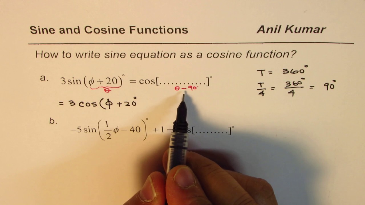 Steps to write transformed sine equation as cosine function