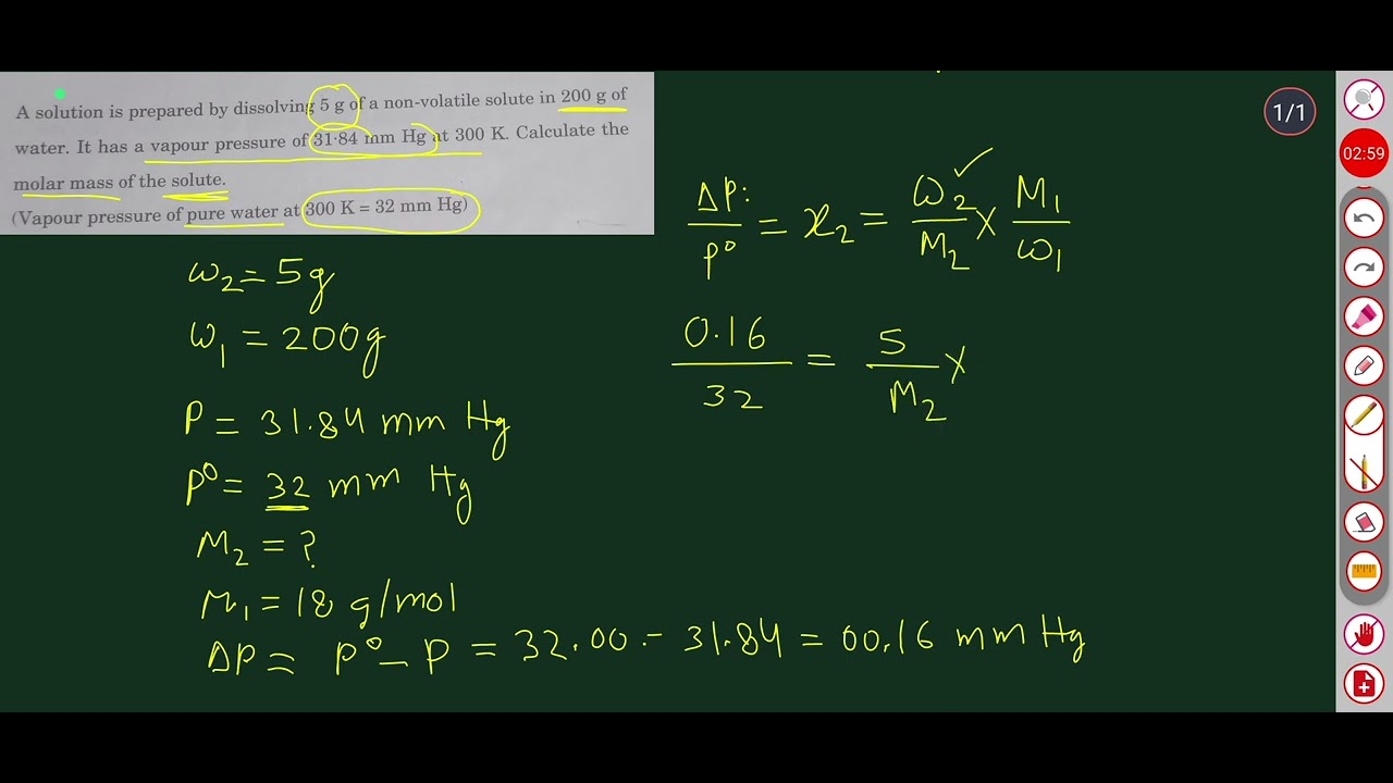 A solution is prepared by dissolving 5 g of a non-volatile solute in 200 g of water. It has a vapour