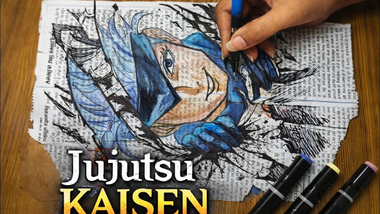 JUJUTSU KAISEN Drawing🔥 on Newspaper with Alcohol Markers | Creative Anime Art