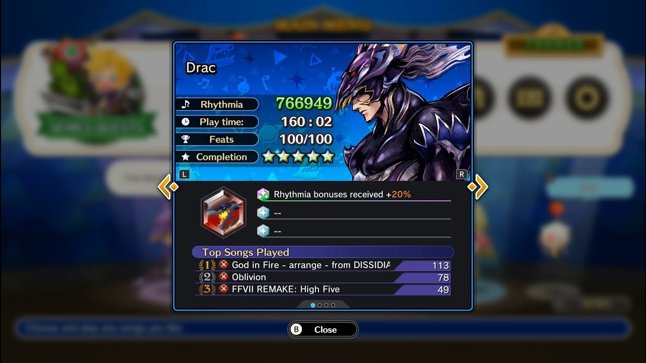 Theatrhythm Final Bar Line - 100% Feats and 5 Rainbow Stars ProfiCard. All Descriptions and Numbers.
