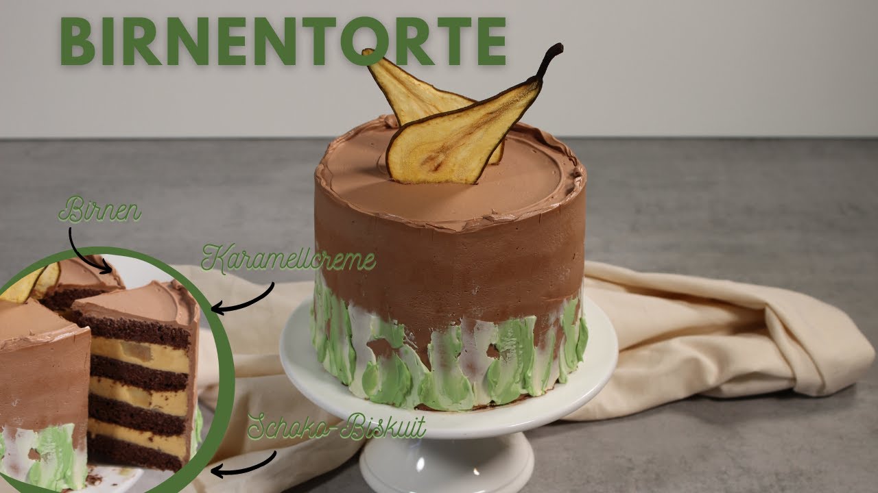 Birnentorte mit Schokobiskuit und Karamellmousse