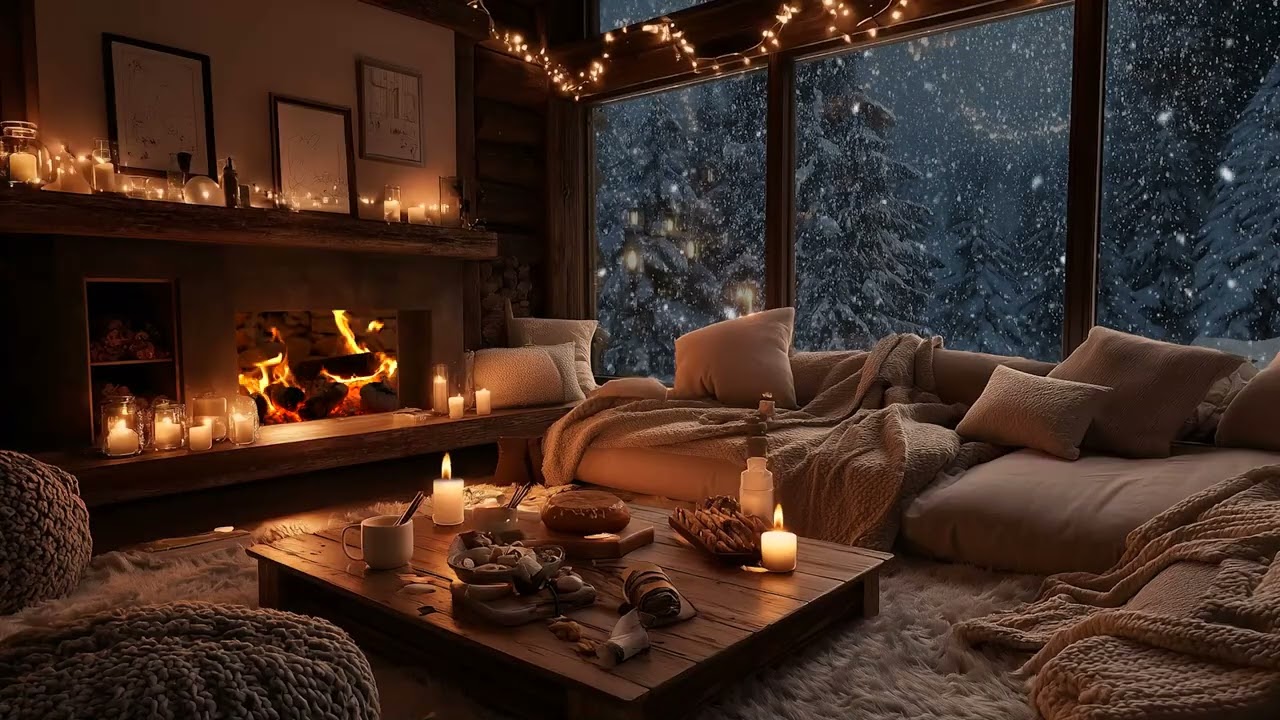 Fireplace & Piano Music  Peaceful Winter Night Ambience for Stress Relief & Deep Sleep