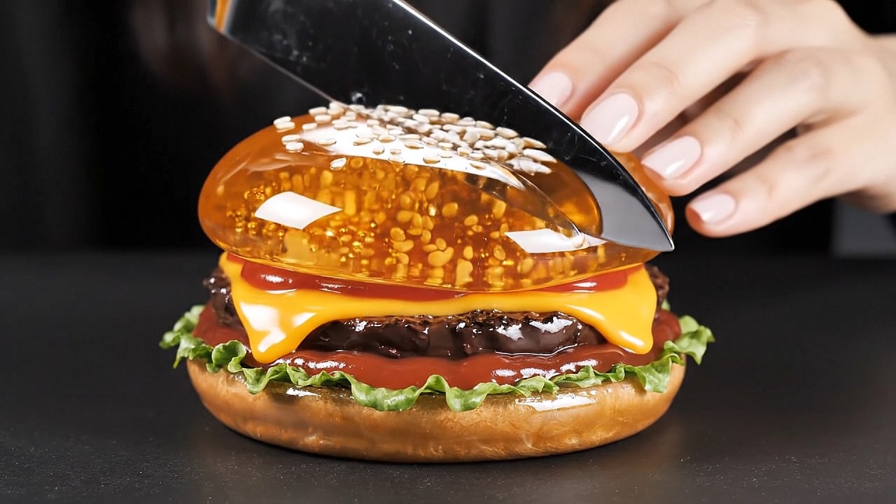 🍔ASMR Knife Cuts Glass Burger & Sweet Desserts. Satisfying Glass Crunch Sounds