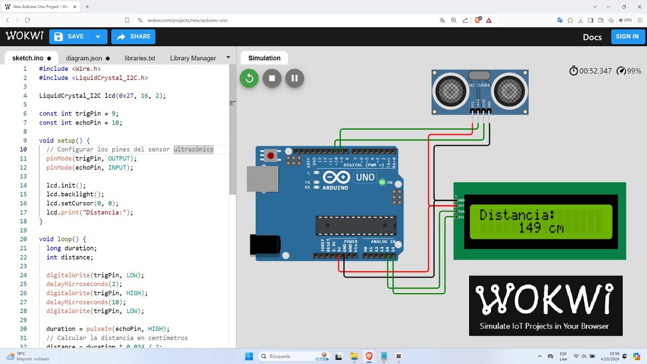 Arduino con Wokwi: Sensor Ultrasonido HC-SR04 y LCD 16x2 con I2C para Mostrar Distancia con Arduino