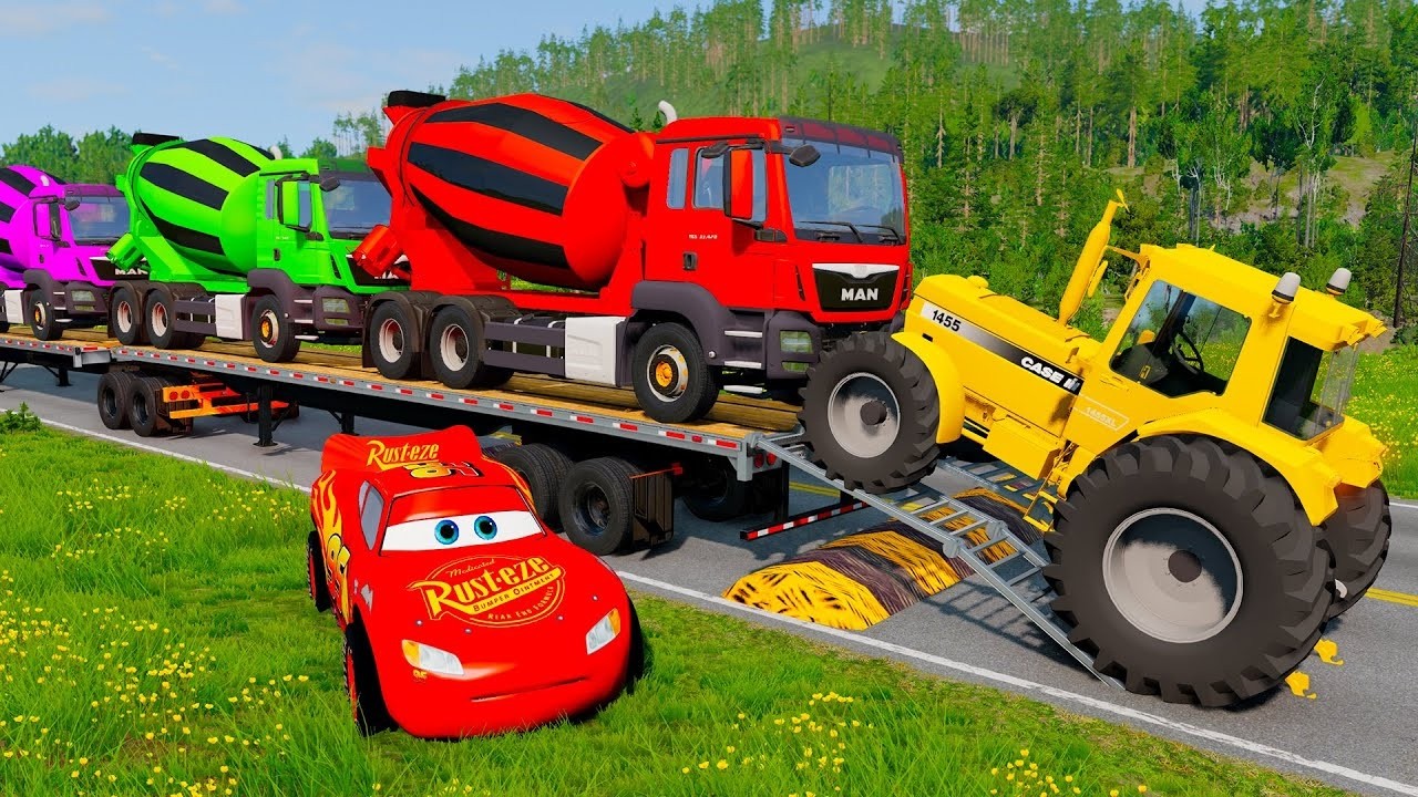 TRANSPORTING PIXAR CARS & FRUITS WITH COLORED & JOHN DEERE vs CLAAS vs TRACTORS - BeamNG.drive #983