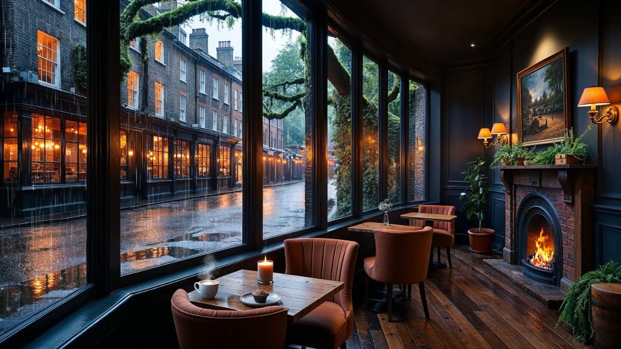Cozy City Coffee Shop Ambience ☕ Rain, Thunder, & Fire Sounds for Sleep or Focus | Ambient Morning