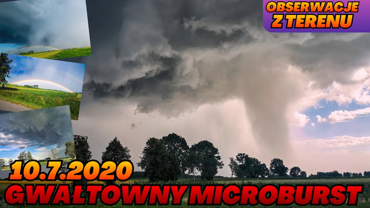 Gwałtowny microburst z nowej komórki burzowej. Podwójna tęcza na stopie opadowej. Film + zdjęcia