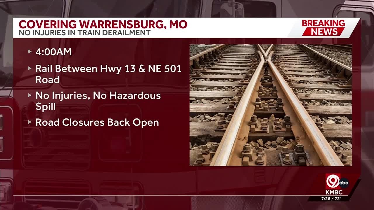 Freight train derails just outside Warrensburg, Missouri