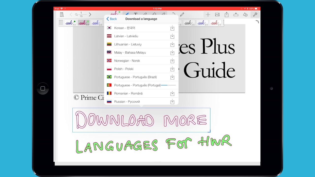 How to download more HWR language files in Notes Plus?