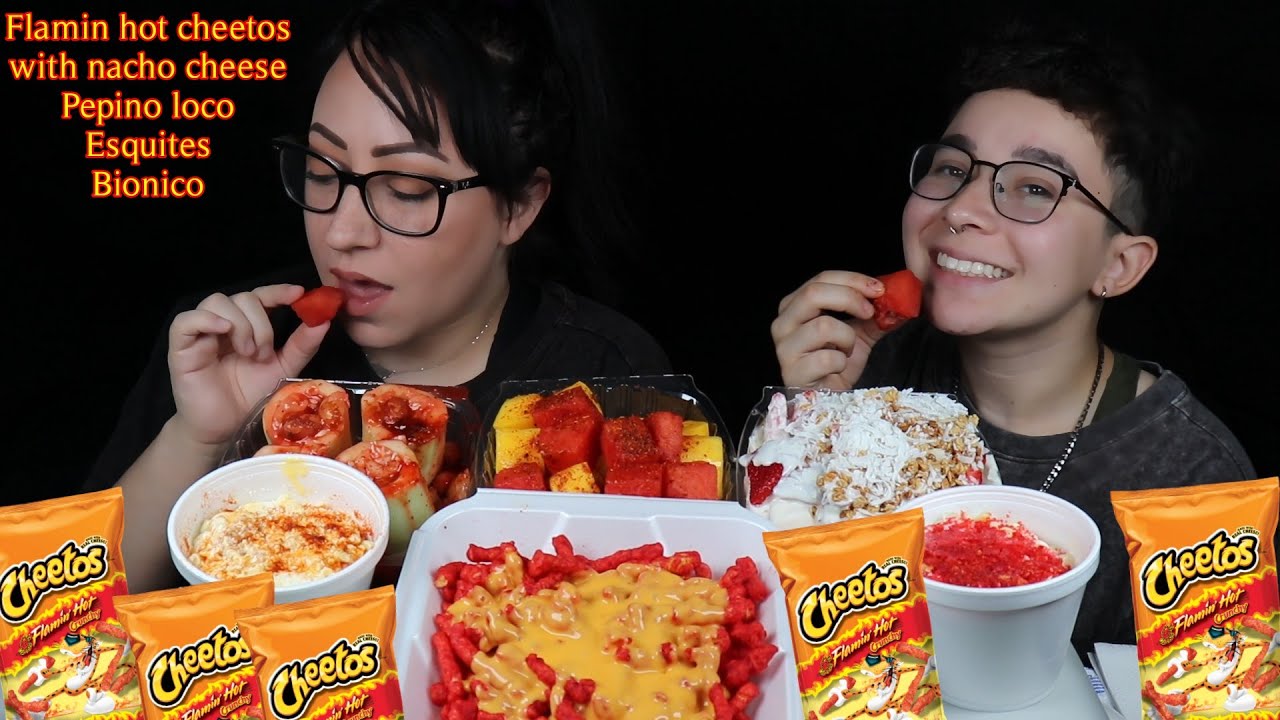 FLAMIN HOT CHEETOS AND NACHO CHEESE, ESQUITES, PEPINO LOCO, AND BIONICO MUKBANG | MEXICAN ANTOJITOS