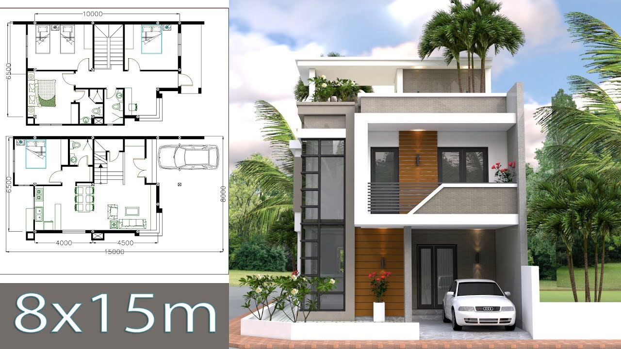 Home Design Plan 8x15m with 4 Bedrooms