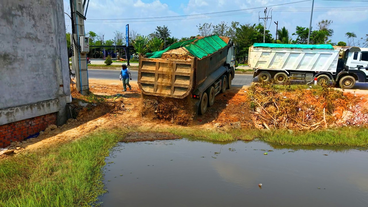 Full Videos ! Skills​ Driver​ Bulldozer KOMATSU D58E Pushing Soil & Stone Into Water , Dump truck