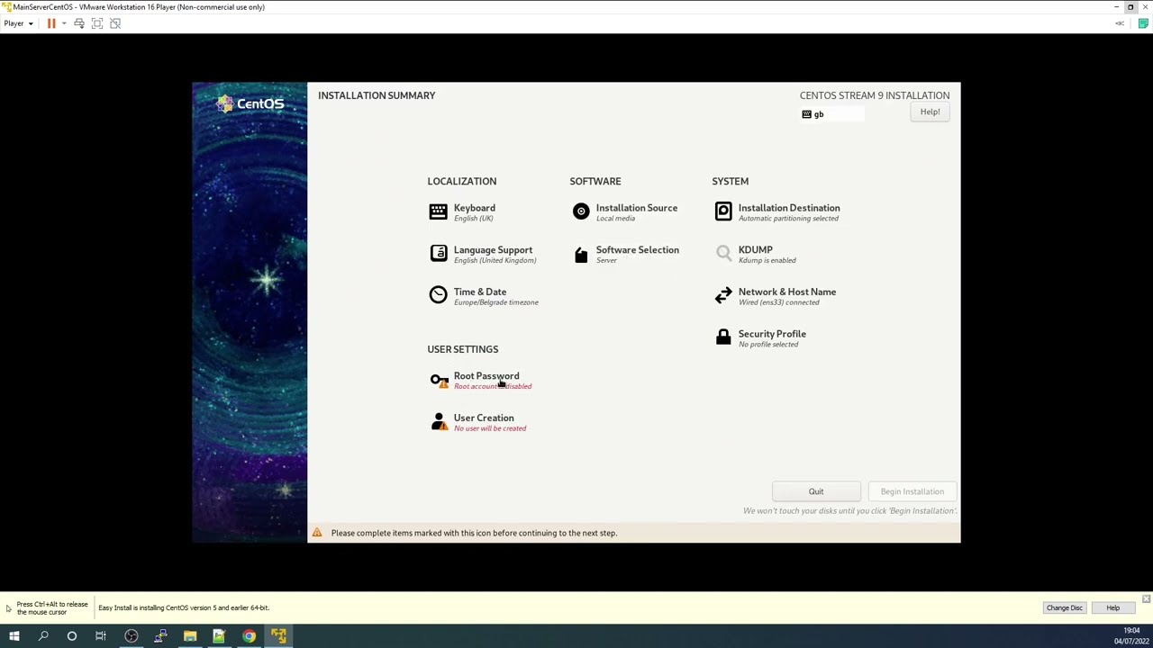 CentOS Linux Installation in the Virtual Machine - VMWare Player