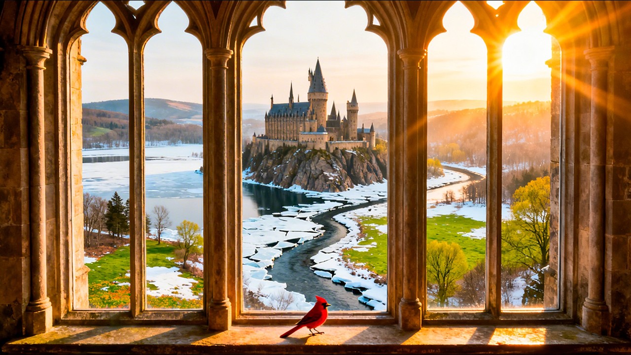 Hogwarts Winter-to-Spring Window View 🌅🏰 Calm Seasonal Transition Ambience