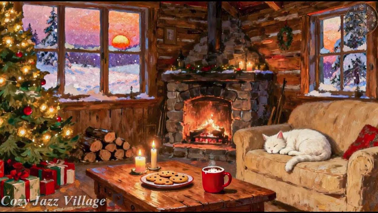 peaceful winter night in a 1950's kitchen with oldies playing in another room for unwind, relax