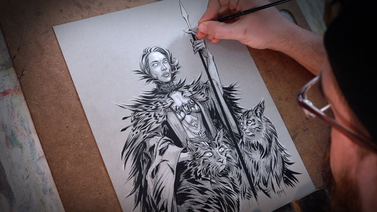 Drawing the Goddess Freya with Ink - Art Time Lapse