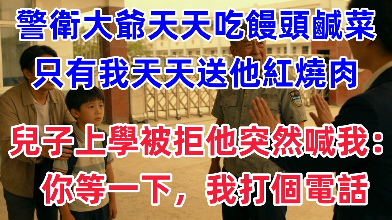 警衛大爺天天吃饅頭鹹菜，只有我天天送他紅燒肉。兒子上學被拒，他突然喊我：你等一下，我打個電話