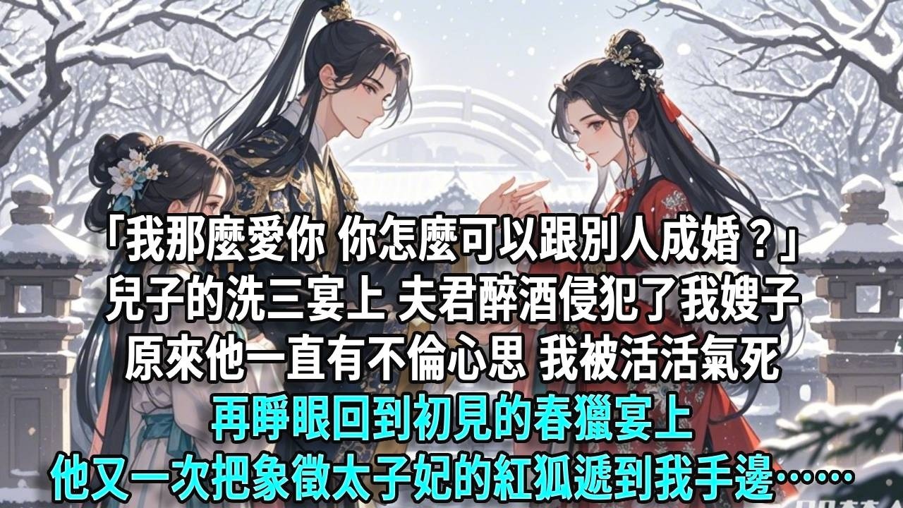 「我那麼愛你，你怎麼可以跟別人成婚？」兒子的洗三宴上，夫君醉酒侵犯了我嫂子，原來他一直有不倫心思，我被活活氣死。再睜眼回到初見的春獵宴上，他又一次把象徵太子妃的紅狐遞到我手邊……