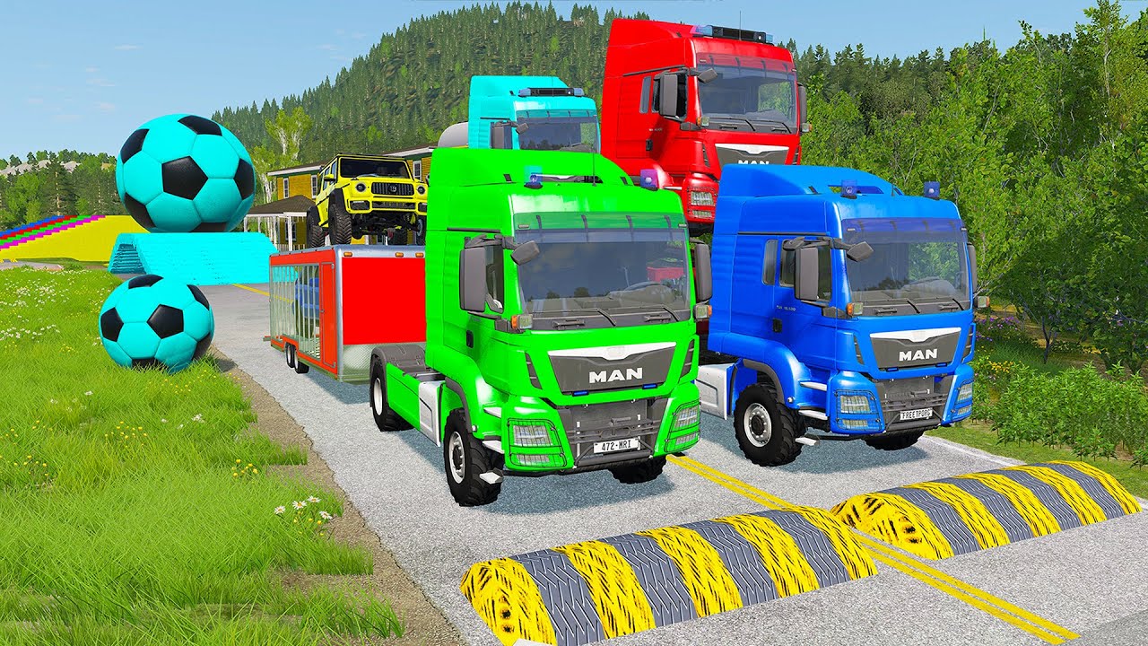 Double Flatbed Trailer Truck vs Speedbumps Train vs Cars | Tractor vs Train Beamng.Drive 076