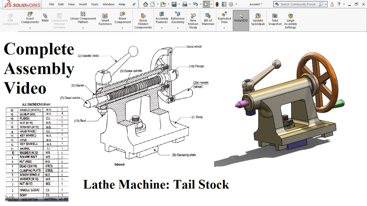 Solidworks Lathe Machine: Tail Stock Assembly LearnVern, Complete Parts Video Assembly in Solidworks