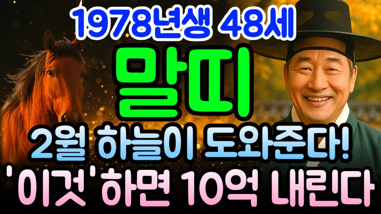 말띠 무오년생 48세 운세 2026년 병오년 2월 급공개! 1978년생 당신에게 큰돈 몰려오는 흐름 시작됐습니다. 금전 터지고 돈복 넘치는 황금기인데 놓치면 평생 후회합니다