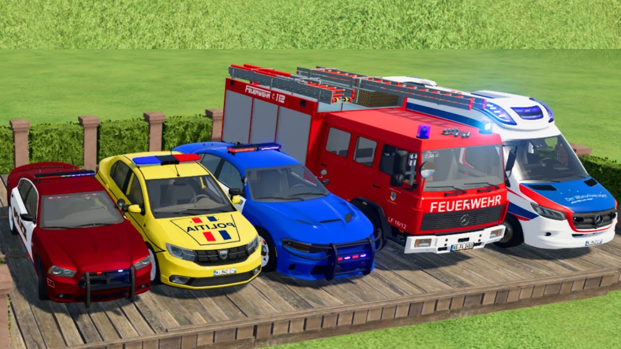 TRANSPORTING CARS, AMBULANCE, POLICE CARS, FIRE TRUCK OF COLORS! WITH TRUCKS! - FS 22