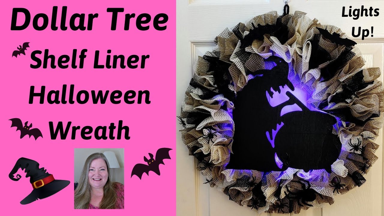 Witches Caldron Lights up Halloween Wreath ~ Dollar Tree Shelf Liner Halloween Wreath DIY